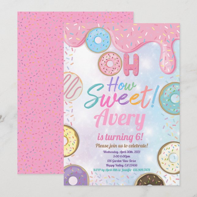 Invitación Donut Sweet Birthday Party Pink Pastel Chica (Anverso / Reverso)