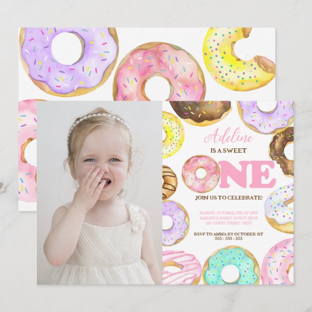 Invitación Donut Sweet One First Birthday Chica Cute Fiesta (Anverso / Reverso)