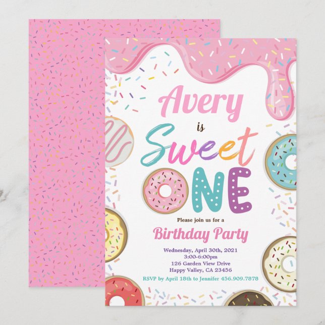 Invitación Donut Sweet One First Birthday Fiesta Pink Pastel (Anverso / Reverso)