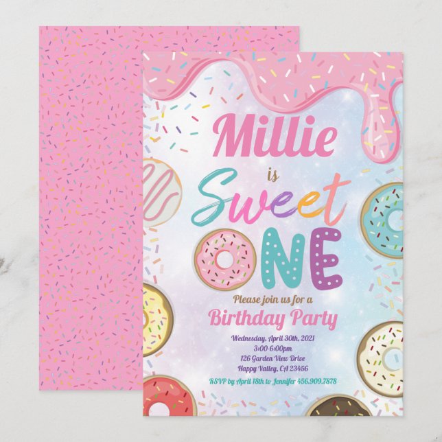 Invitación Donut Sweet One First Birthday Fiesta Pink Pastel  (Anverso / Reverso)