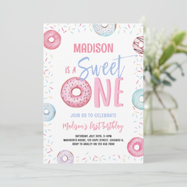 Invitación Donut Sweet One Pastel Chica Rosa First Birday (Anverso de pie)