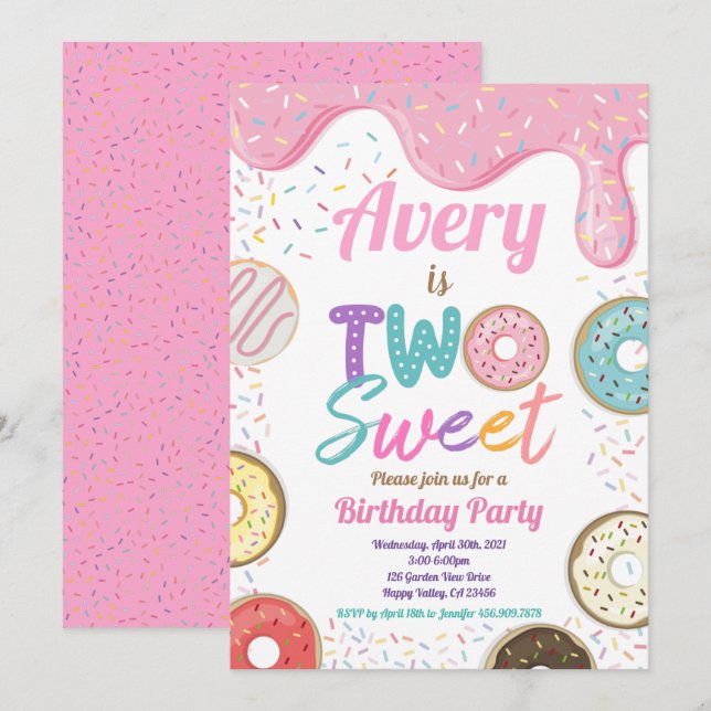 Invitación Donut Two Sweet Birthday Fiesta Pink Pastel (Anverso / Reverso)