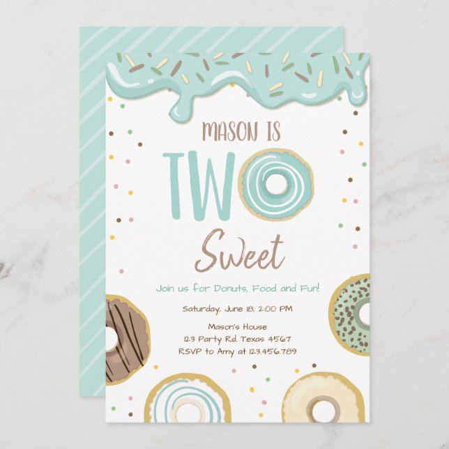 Invitación Donut Two Sweet Blue Pastel Second Birthday Party (Anverso / Reverso)