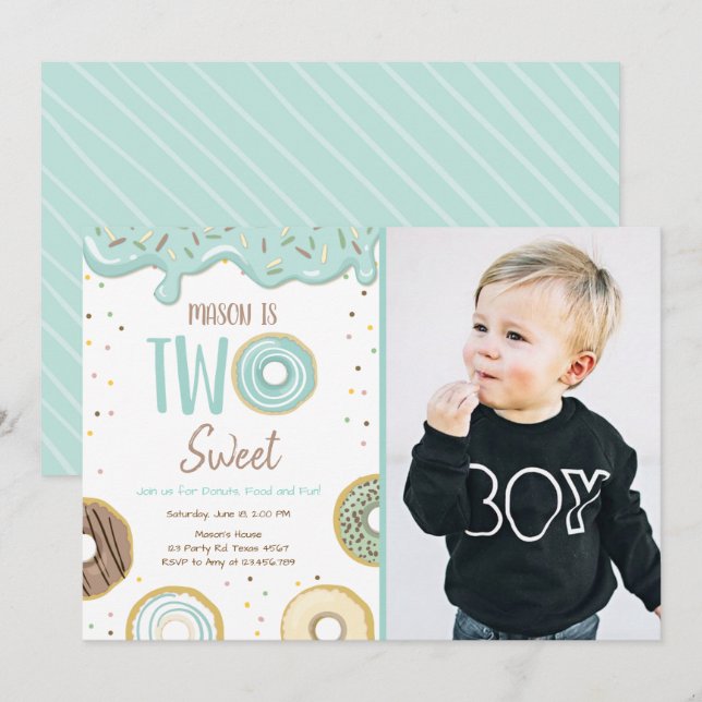 Invitación Donut Two Sweet Blue Pastel Second Birthday Party (Anverso / Reverso)