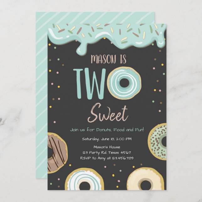 Invitación Donut Two Sweet Blue Pastel Second Birthday Party (Anverso / Reverso)