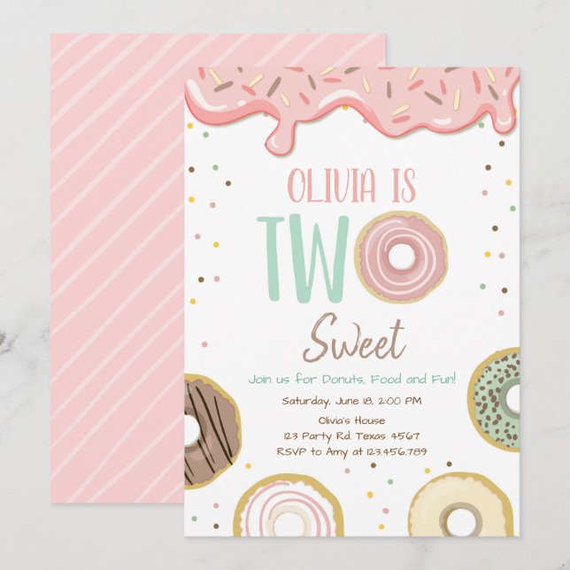 Invitación Donut Two Sweet Pink Doughnut Chica Birthday Party (Anverso / Reverso)