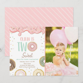Invitación Donut Two Sweet Pink Doughnut Chica Birthday Party