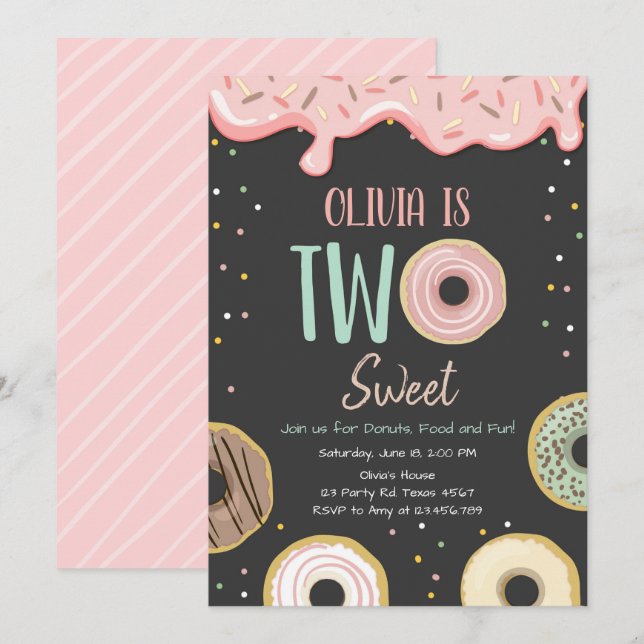 Invitación Donut Two Sweet Pink Doughnut Chica Birthday Party (Anverso / Reverso)