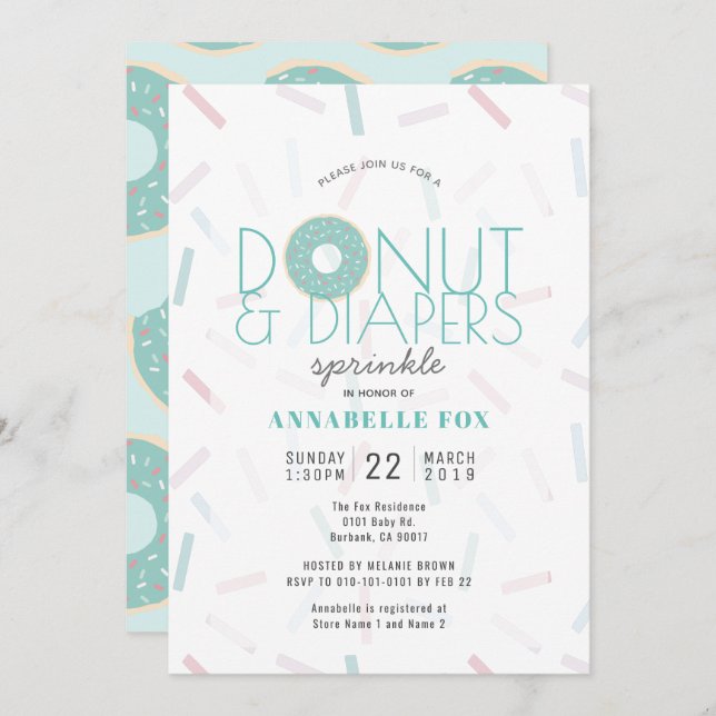 Invitación Donut verde y pañales rompen Baby Shower (Anverso / Reverso)