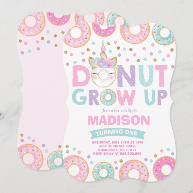 Invitación Donut y Unicornio invitan al cumpleaños (Anverso / Reverso)