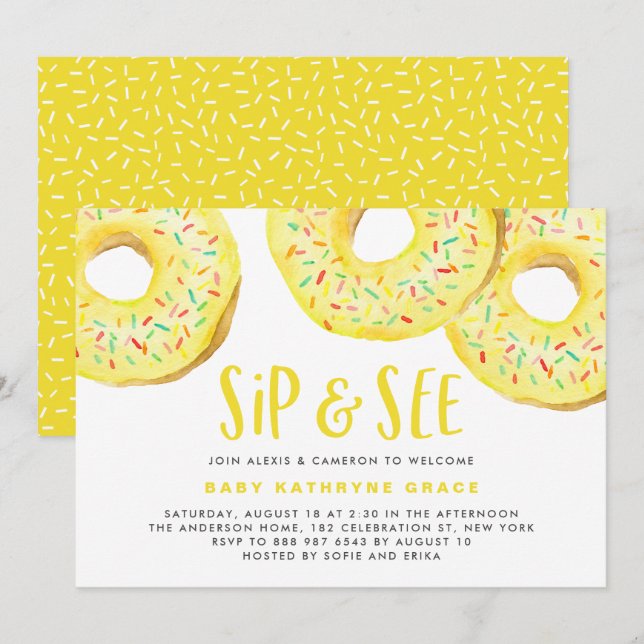 Invitación Donuts amarillos rompen Baby Shower Sip y ven (Anverso / Reverso)