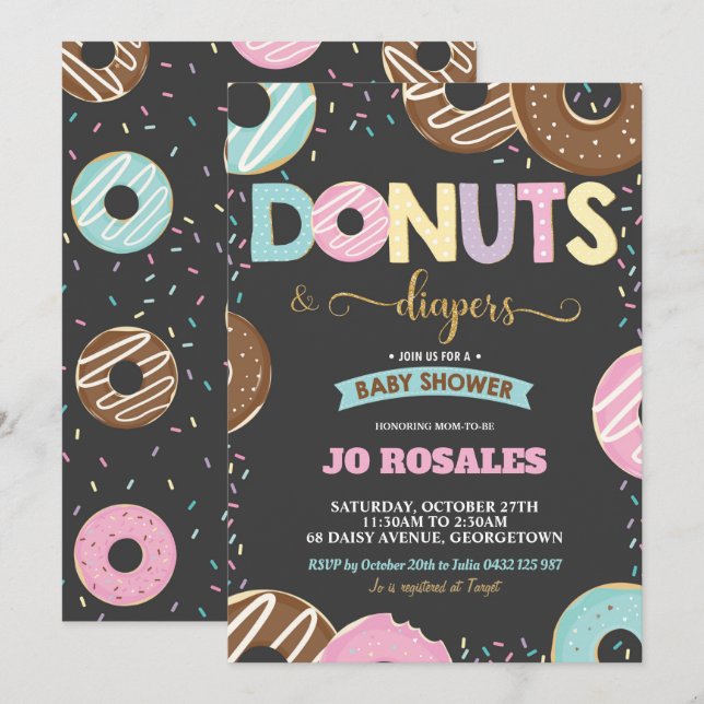 Invitación Donuts and Diapers Niña Ducha de nogal (Anverso / Reverso)