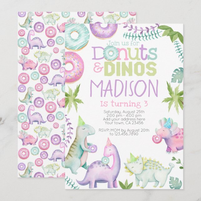 Invitación Donuts and Dinos Invitation (Pink & Lavender) (Anverso / Reverso)