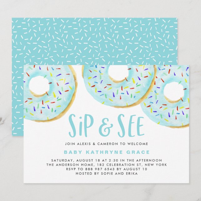 Invitación Donuts azules rocian Baby Shower Sip y See (Anverso / Reverso)