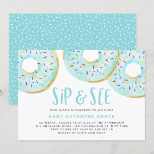 Invitación Donuts azules rocian Baby Shower Sip y See