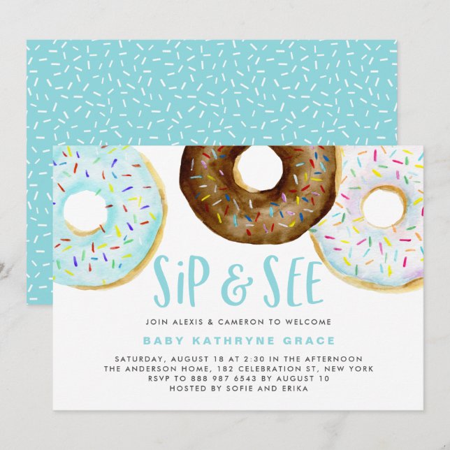 Invitación Donuts azules y de chocolate rompen Sip y ven (Anverso / Reverso)