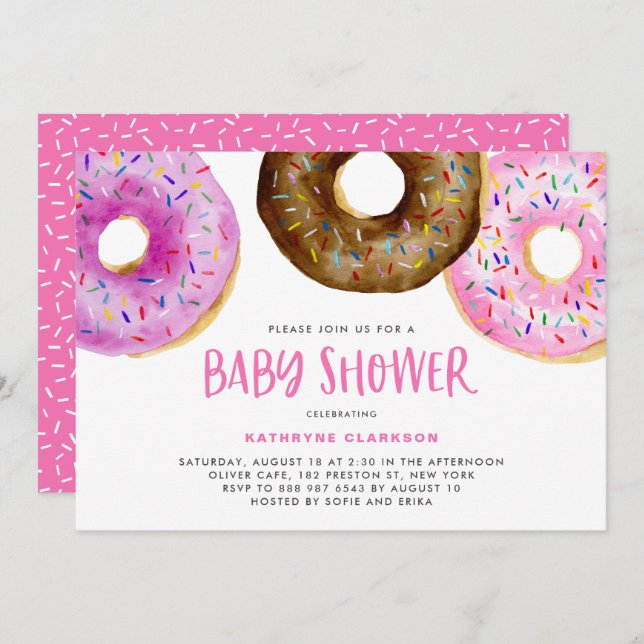 Invitación Donuts de acuarela con Baby Shower Chica Sprinkles (Anverso / Reverso)