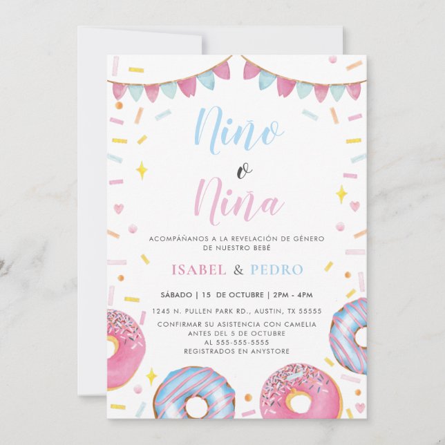 Invitación Donuts de acuarela y revelación de género español  (Anverso)