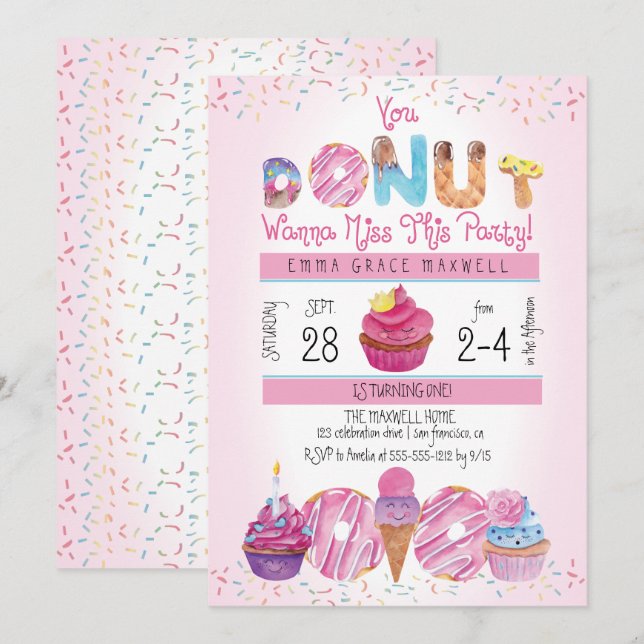 Invitación Donuts de Chicas amables | Pasteles Fiesta de cump (Anverso / Reverso)