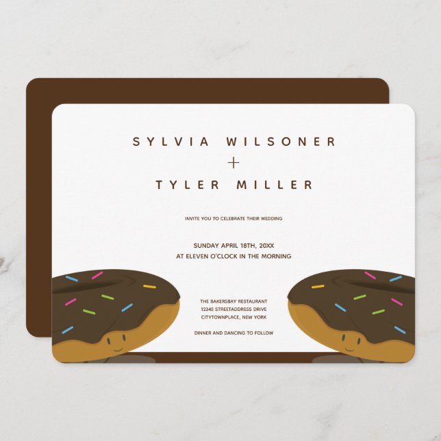 Invitación Donuts de chocolate espolvorea Boda blanco marrón (Anverso / Reverso)