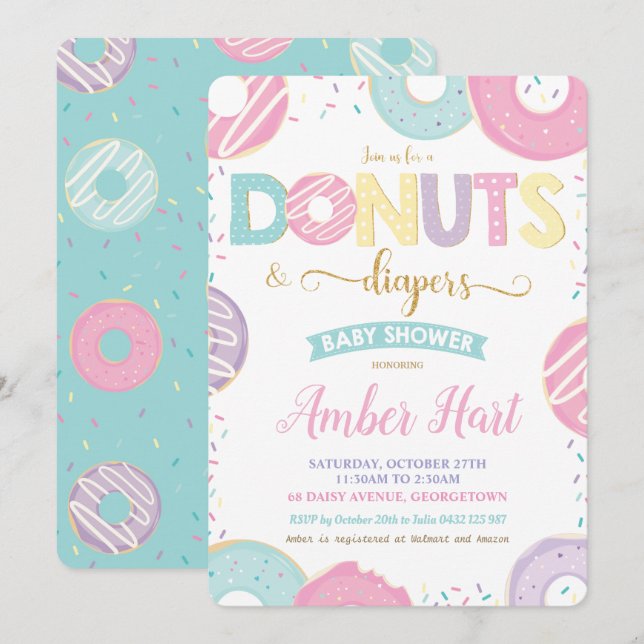 Invitación Donuts de moda y pañales Chica Baby Shower Gold (Anverso / Reverso)
