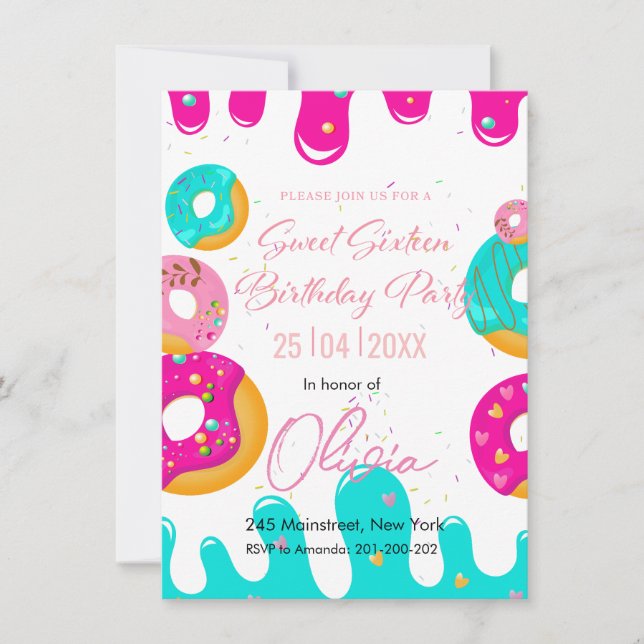 Invitación Donuts dulce dieciséis años (Anverso)