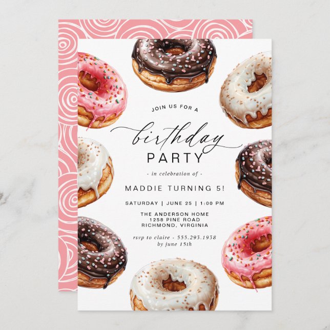 Invitación Donuts | Fiesta de cumpleaños del Chica temático d (Anverso / Reverso)