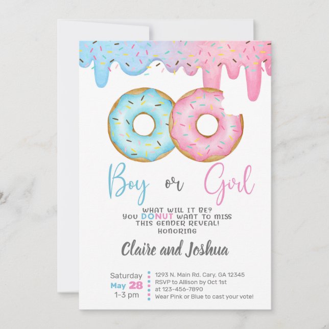 Invitación Donuts Gender Reveal invitation, he or she. (Anverso)