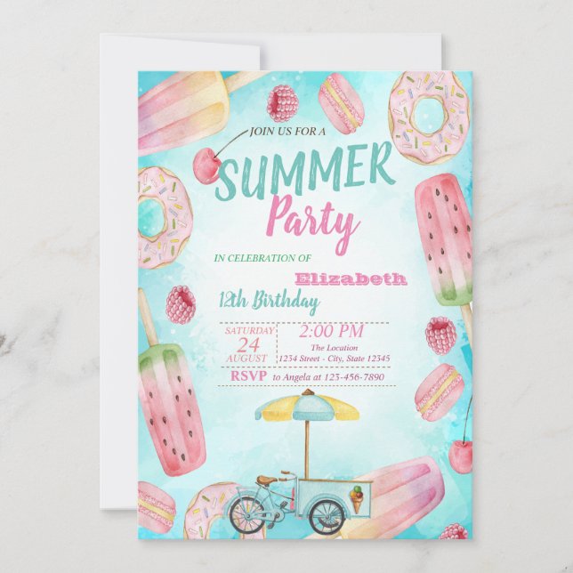 Invitación Donuts, Macarons, Fiesta de cumpleaños para la bic (Anverso)