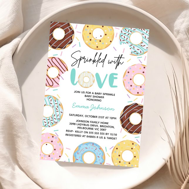 Invitación Donuts multicolores Baby Shower rociador de bebé (Multicolored Gender Neutral Sprinkled with Love Baby Shower Invitation Baby Sprinkles Invite Donuts)