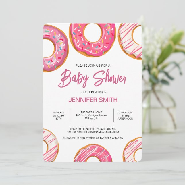 Invitación Donuts rosas rocian Chica Baby Shower (Anverso de pie)