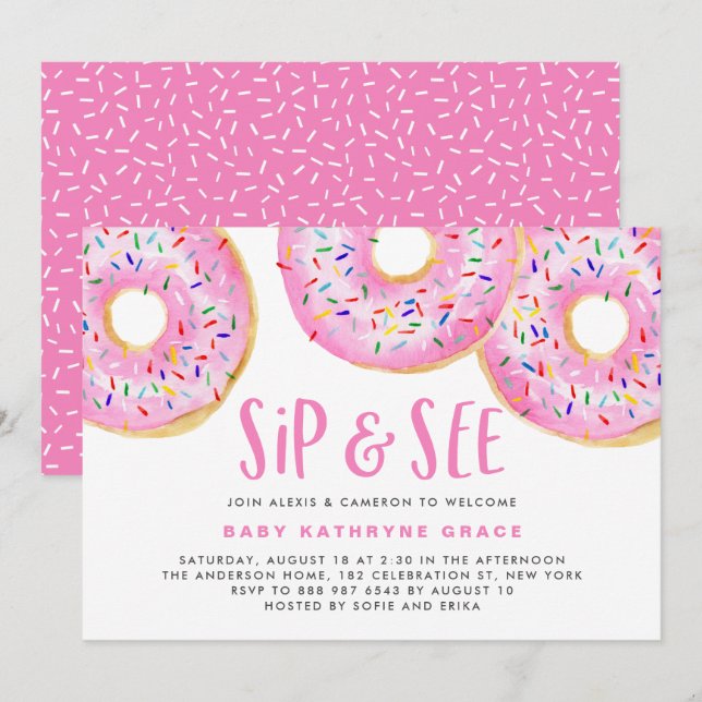 Invitación Donuts rosas rompen el sip de Baby Shower y ven (Anverso / Reverso)