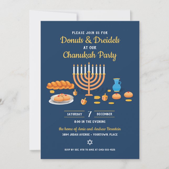 Invitación Donuts y Dreidels Fiesta de Hanukkah (Anverso)