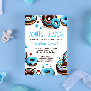 Invitación Dónuts y pañales azul marrón baby shower