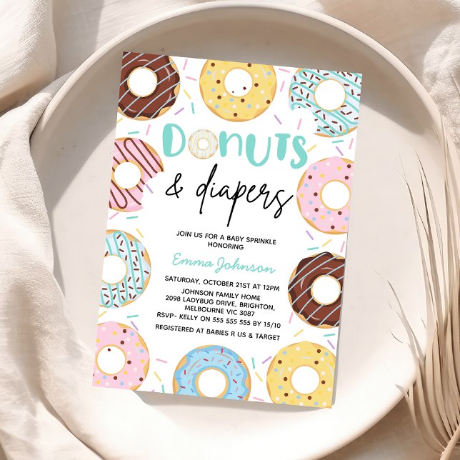 Invitación Donuts y pañales: Baby Shower rociado por el bebé (Donuts and Diapers Baby Shower Invitation Baby Sprinkles Multicolored Donuts Multicolored Sprinkles)