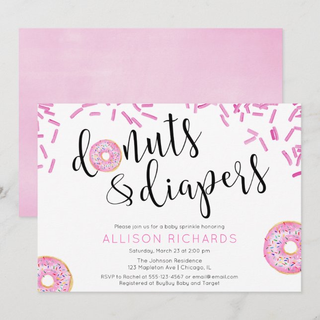 Invitación Donuts y pañales chica rociar bebé (Anverso / Reverso)