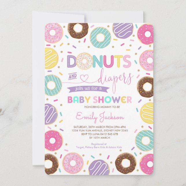 Invitación Donuts y pañales | Rainbow Douglas Baby Shower (Anverso)