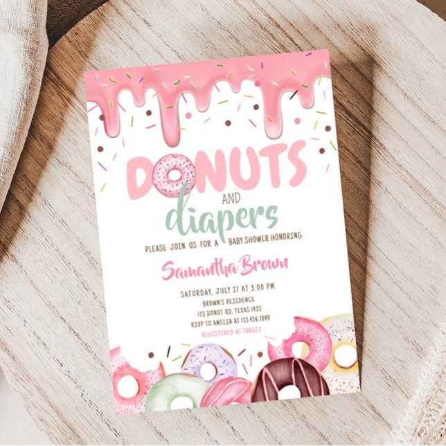 Invitación Donuts y pañales rompen Baby Shower (Pink Donuts Girl Baby Shower Invitation)