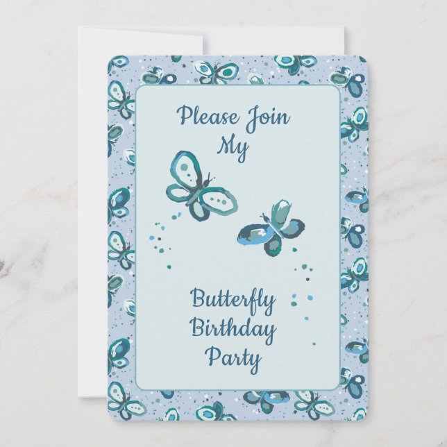 Invitación Doodle Bugs Butterflies - blue - kids birthday. (Anverso)