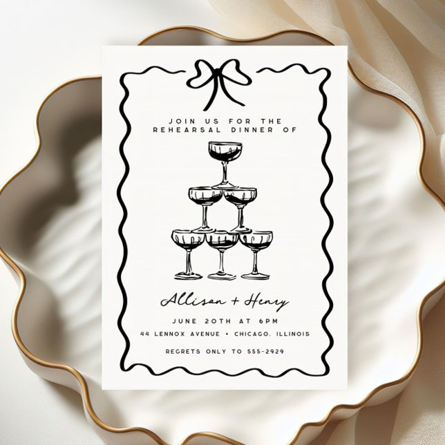 Invitación Doodle Champagne Tower Bow Ensayo Cena (Subido por el creador)