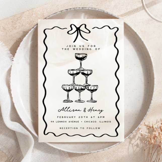 Invitación Doodle Champagne Tower Whimsical Bow Boda (Subido por el creador)