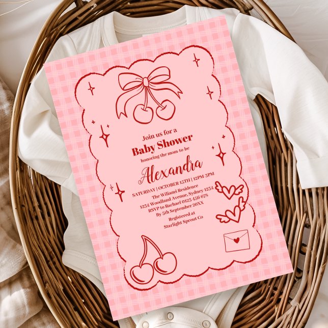 Invitación Doodle Cherry Bow Baby Shower (Subido por el creador)