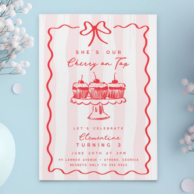 Invitación Doodle Cherry Cupcake Pink Bow Birday Party (Subido por el creador)