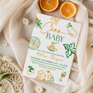 Invitación Doodle Ciao Baby Pasta y Pizza Baby Shower Italian