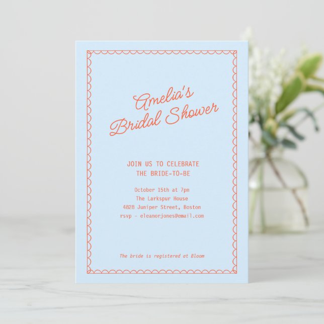 Invitación Doodle de Caqui Azul con Borde de Venera para Desp (Anverso de pie)