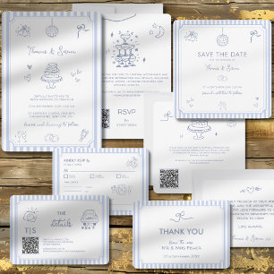 Invitación Doodle de código QR dibujado a mano azul francés b