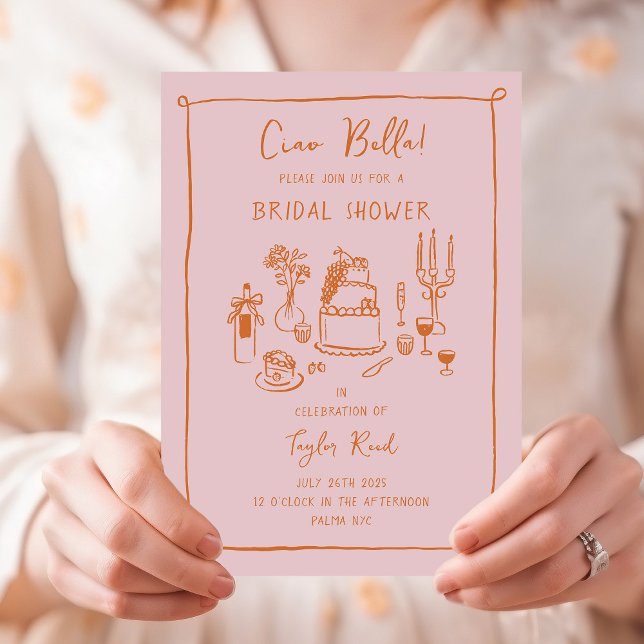Invitación Doodle de color rosado Doodle Food Bridal Shower (Ciao Bella pink and orange bridal shower invitation with hand-drawn food and drink doodles)