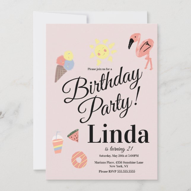Invitación Doodle de cumpleaños dibujados a mano con tema de  (Anverso)