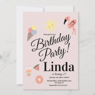 Invitación Doodle de cumpleaños dibujados a mano con tema de 