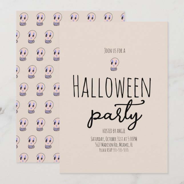 Invitación Doodle de época de la fiesta Skull Halloween (Anverso / Reverso)